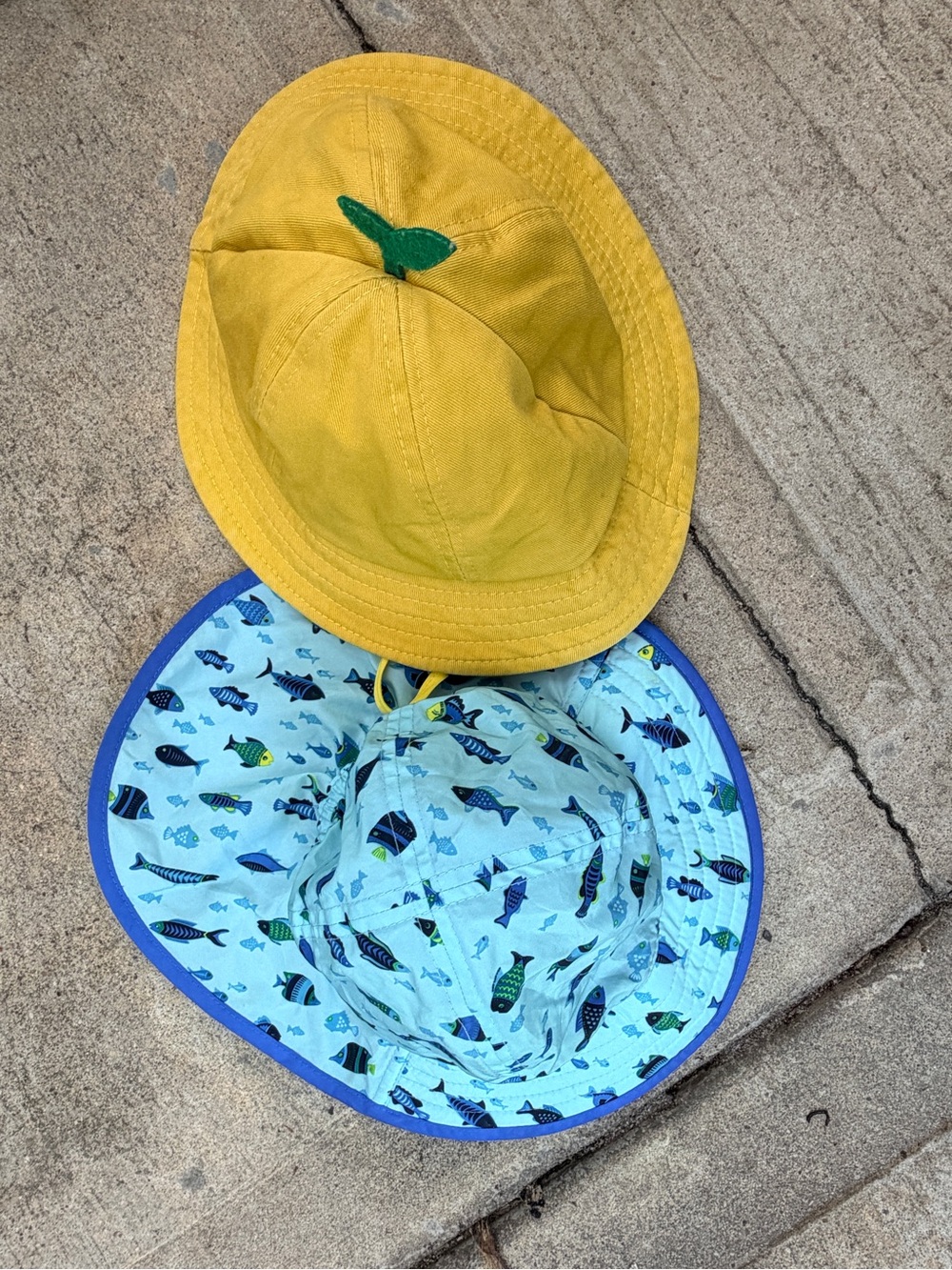Sunday Reversible Kids Sun Hat in Yellow and Blue Fish Print and Lemon Hat